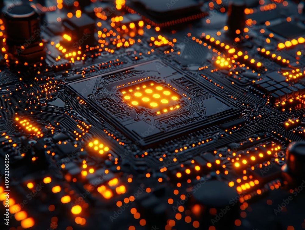 Poster exploring the intricate details of a computer chip close-up view technology environment