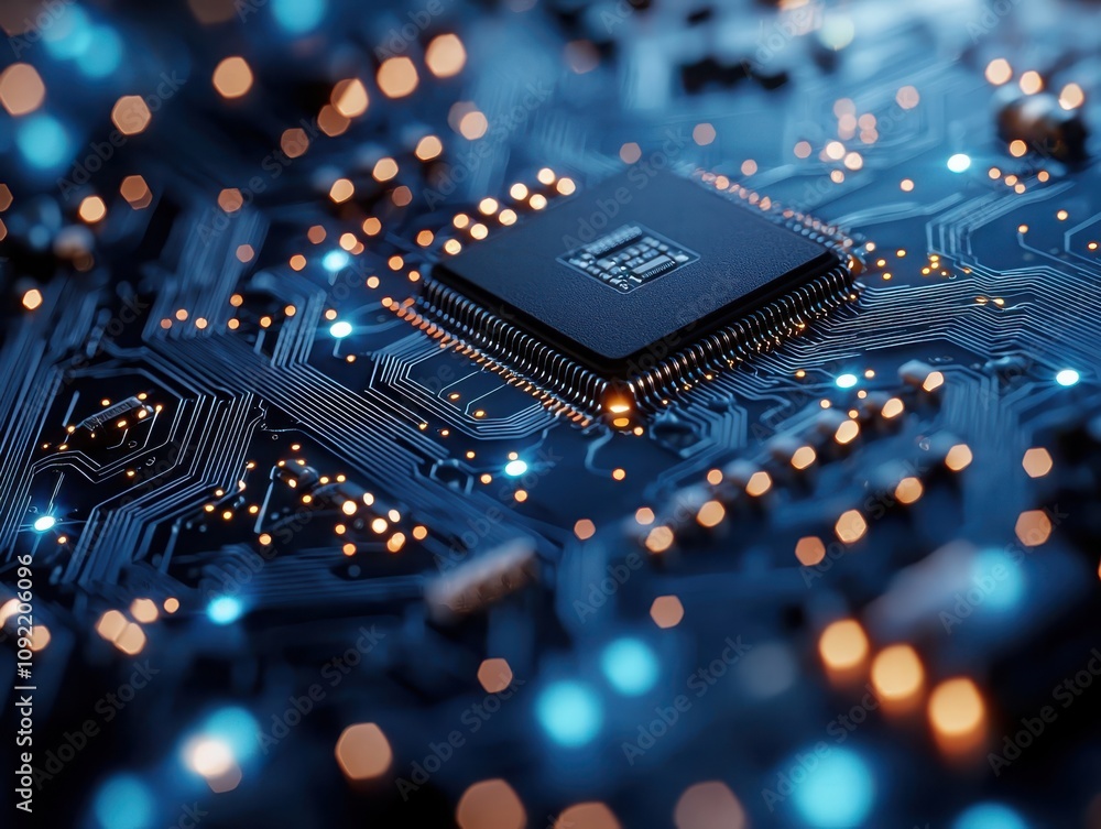 Poster close-up of a computer chip showcasing its intricate design technology lab macro photography digital