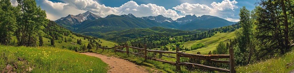 Fototapeta premium 2410_095.meandering dirt trail through alpine pastures, weathered wooden barriers, towering mountain range, vibrant spring foliage, scattered trees, fluffy cloud formations, peaceful mountain valley
