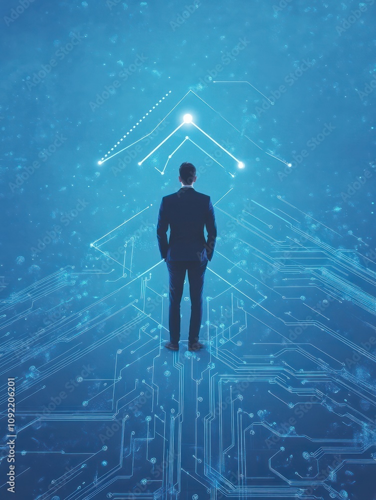 Poster businessman standing on abstract circuit arrow sketch on blue background with mock up place. success