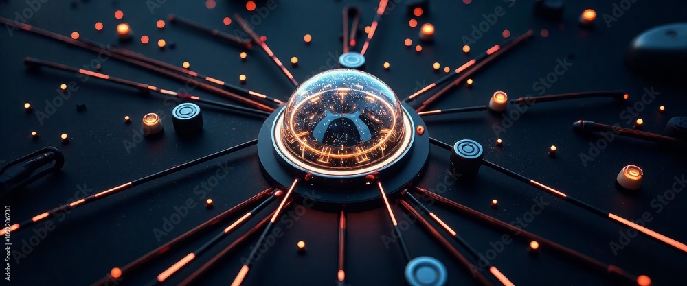 Poster a glowing sphere with a black background. the sphere is surrounded by a lot of small, glowing object