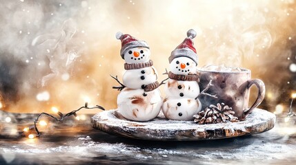 Cheerful Holiday Treats: Meringue Snowmen, Warm Cocoa, and Christmas Lights - Perfect Poster for Festive Decor in Sports Interiors!