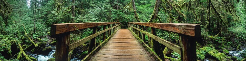 Fototapeta premium 2410_015.remote forest bridge crossing, towering evergreen trees, mossy forest environment, wooden walkway perspective, verdant rainforest setting, natural stream beneath, organic forest elements,