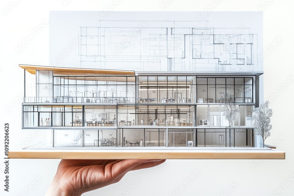 Poster a hand holding a detailed architectural model showcasing modern design and layout.