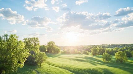 Naklejka premium Serene landscape with lush greenery and a bright sunset.