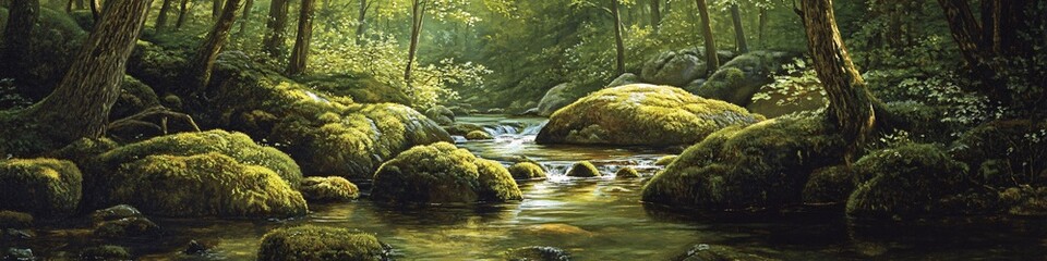 Naklejka premium 2410_042.idyllic forest river scene, mossy boulders, dappled sunlight on water, vibrant spring leaves, serene woodland atmosphere, pristine mountain landscape