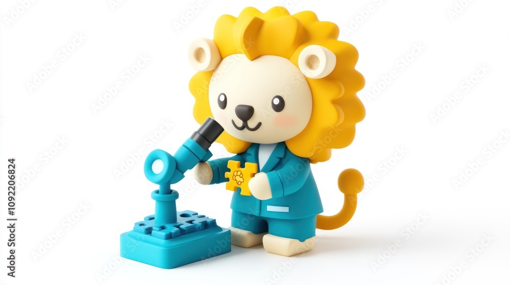 Poster A cute lion character in a suit using a microscope, symbolizing science and exploration.