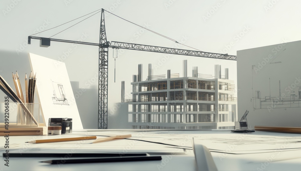 Poster A construction site with blueprints and tools, illustrating architectural design and planning.