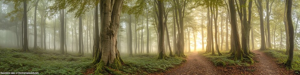 Obraz premium 2410_002.enchanted forest trail at dawn, majestic beech tree trunks, emerald foliage canopy, golden rays filtering through morning fog, verdant forest floor, atmospheric woodland scene, natural dirt