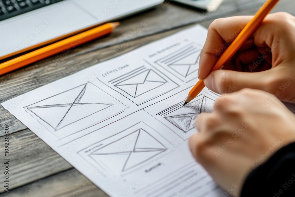 Poster A person sketching wireframes on paper, focusing on design and layout concepts.