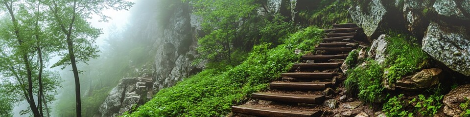 Fototapeta premium 2410_040.lush green hiking path, weathered wooden steps ascending, mist-shrouded forest, dappled sunlight, rich biodiversity, tranquil mountain wilderness, natural stone outcroppings
