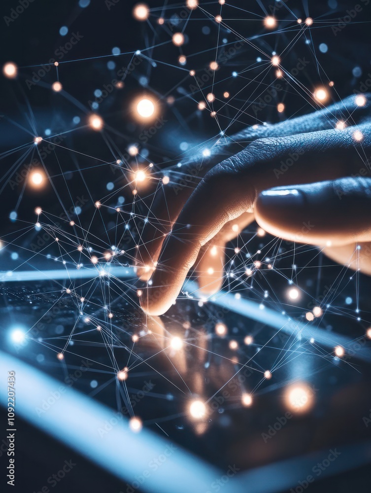 Aufkleber close up of backlit hand using tablet on desktop with creative glowing connected people icons on blu