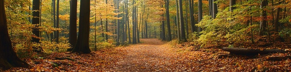 Obraz premium 2410_007.woodland hiking trail in early autumn, fallen leaves on dirt path, towering trees with changing foliage, lush understory vegetation, natural forest corridor, mixed green and golden leaves,