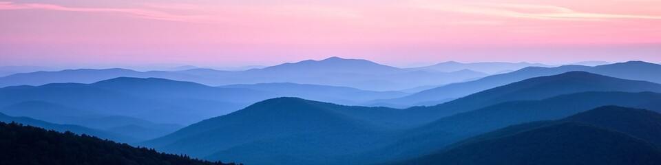 Fototapeta premium 2410_083.majestic mountain range silhouette, densely wooded slopes, ethereal pink and blue sky, subtle cloud formations, sunlit mountain tops, untamed natural beauty