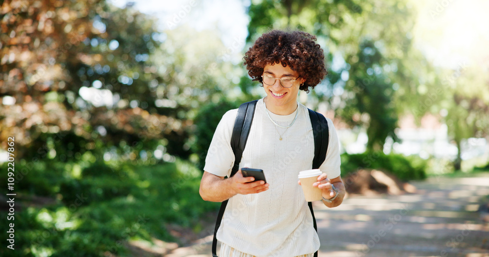 Poster man, student and phone with smile on park, reading and coffee on walk with mobile app in morning at 