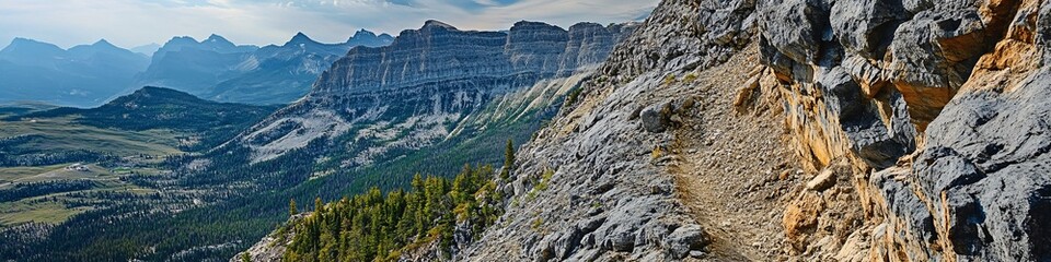 Fototapeta premium 2410_096.narrow mountain trail hugging steep cliffside, rugged rocky terrain, layered sedimentary rock formations, sweeping valley views, sparse vegetation, distant mountain peaks