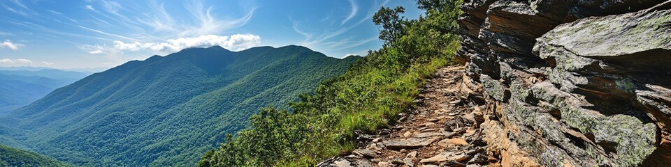 Naklejka premium 2410_099.exposed mountain trail traversing rocky slope, multi-colored rock layers, verdant valley below, wispy clouds, rugged wilderness expanse, challenging hiking route