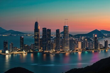 Obraz premium Stunning Dawn in Rio de Janeiro with Glowing Skyscrapers and Bright Teal Skyline