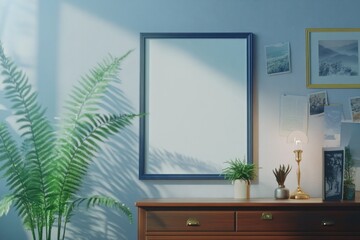 A serene interior scene featuring a mirror, plants, and decorative items.