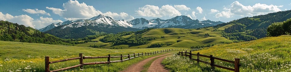 Obraz premium 2410_091.winding rural path through vibrant alpine meadow, rustic wooden fence, snow-capped mountains, lush green hillsides, scattered wildflowers, clear blue sky, puffy white clouds