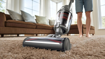 A man is vacuuming the carpet.