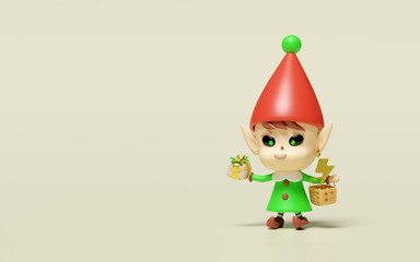 3d little elf holding gift box and basket with thunderbolt isolated on beige background. flash sale banner, online shopping, merry christmas, festive new year holiday concept, 3d render illustration