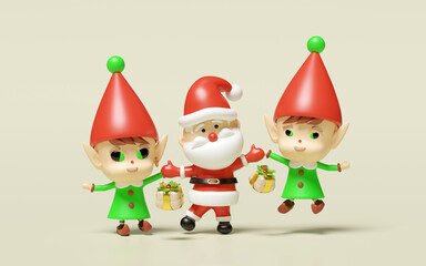 3d two little elves holding hands with santa claus, gift box isolated on beige background. merry christmas, festive new year holiday concept, 3d render illustration