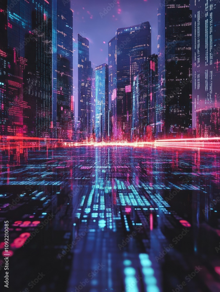 Poster creative binary code city backdrop. digital transformation concept. double exposure