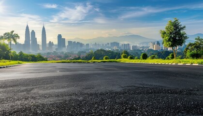 Obraz premium Empty Road Leading to City Skyline