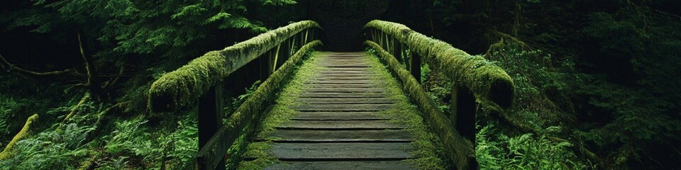 Fototapeta premium 2410_012.rustic timber bridge path, verdant temperate rainforest setting, moss-covered branches, rich forest greenery, peaceful woodland crossing, moist forest atmosphere, natural wood textures, deep