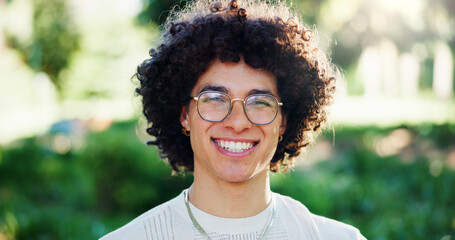 Happy, glasses and portrait of man outdoor with positive attitude for university admission. Smile, confident and male student from Portugal with pride for college education on campus park or garden.