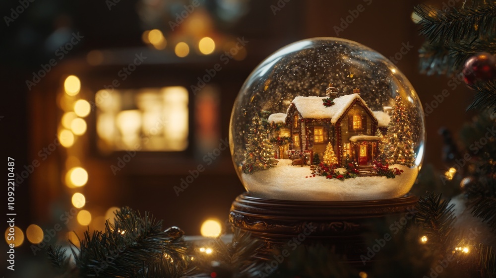 Poster a snow globe with a house inside and a christmas tree outside