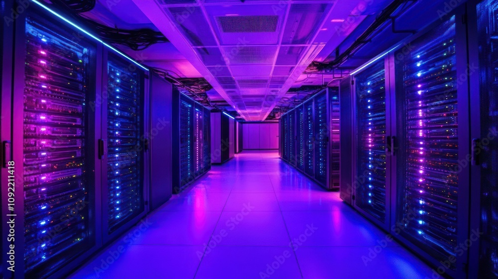 Poster Illuminated Server Room Rows Of Data Center Technology