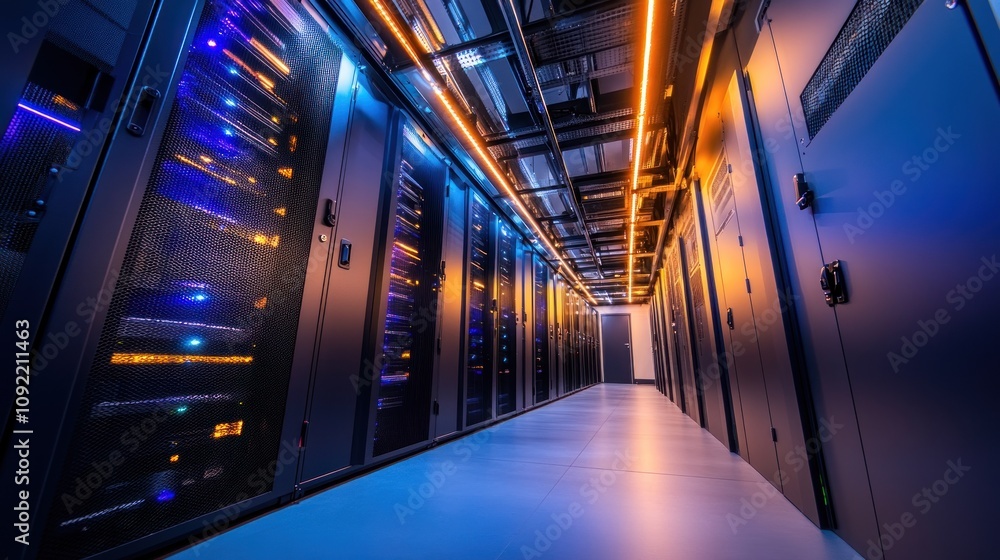 Poster illuminated server room corridor data center technology