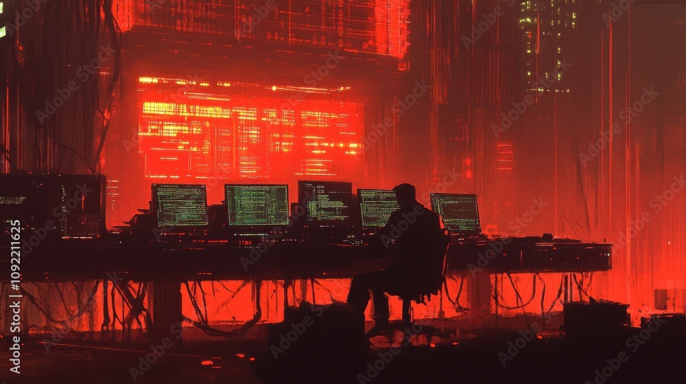 Poster a lone hacker works late in a crimson digital space