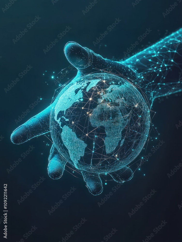 Poster digital hand with globe on dark background. global business concept. 3d rendering