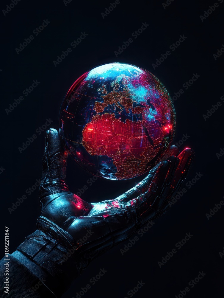 Poster digital hand with globe on dark background. global business concept. 3d rendering.