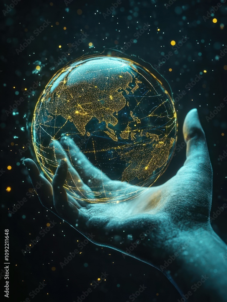 Poster digital hand with globe on dark background. global business concept. 3d rendering
