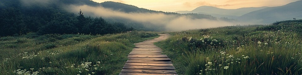 Obraz premium 2410_089.rustic wooden path on grassy slope, majestic foggy mountains, soft sunset glow, diverse plant life, sweeping vistas, peaceful mountain atmosphere