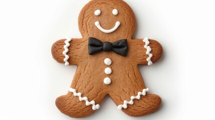 Gingerbread man cookie with decorative icing details.