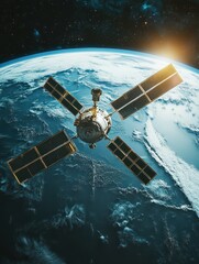Obraz premium Digital transformation and telecommunication concept with earth planet layout and satellite connection. 3D rendering