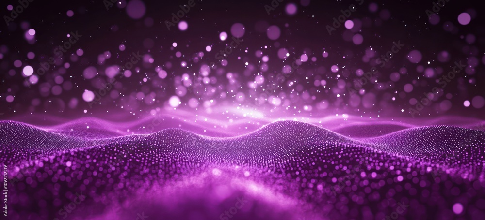 Poster A vibrant abstract representation of waves and particles in a purple gradient.