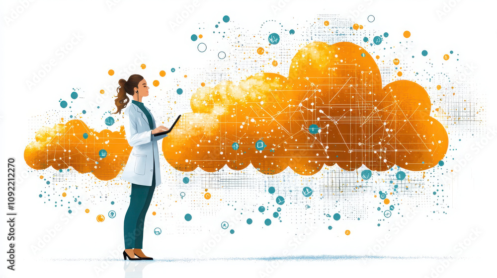 Poster data scientist analyzing massive data sets in the cloud environment for advanced insights