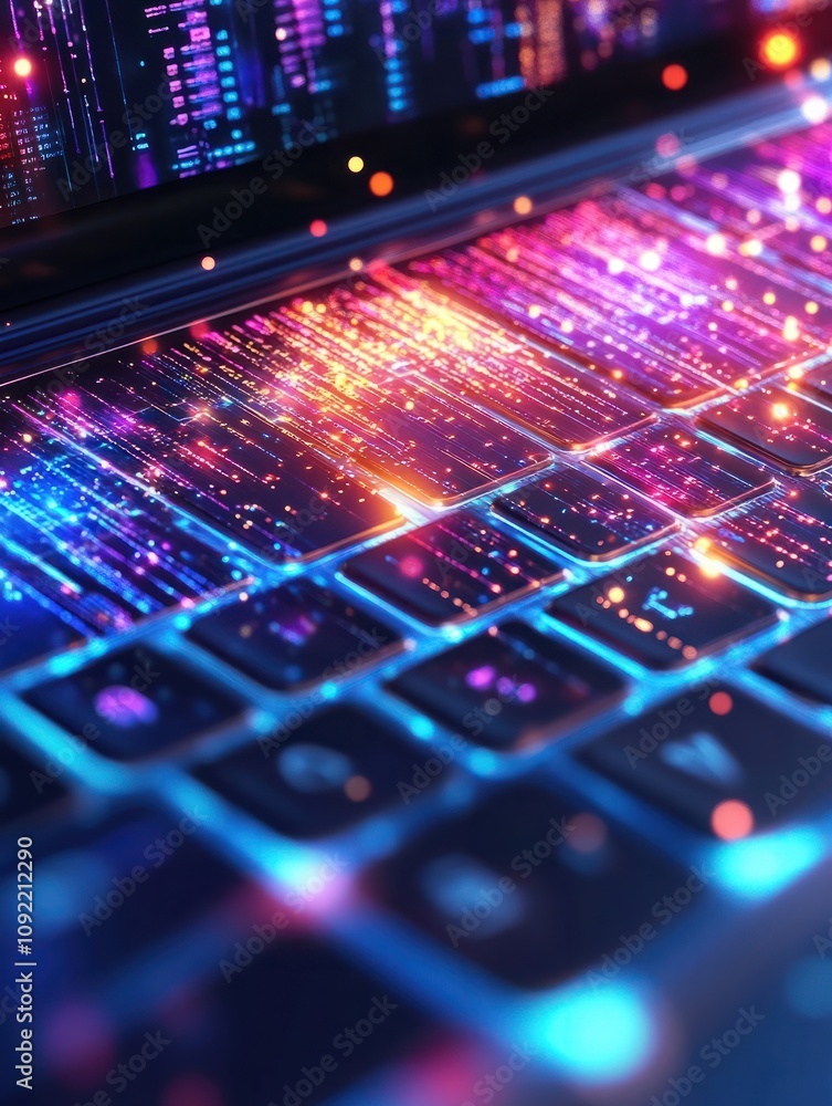 Poster digital world concept with hologram digitalization word and loading bar element icon on laptop keybo