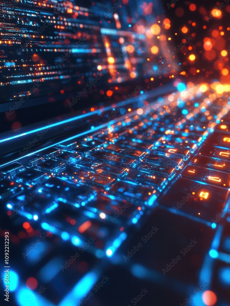 Poster digital world concept with hologram digitalization word and loading bar element icon on laptop keybo