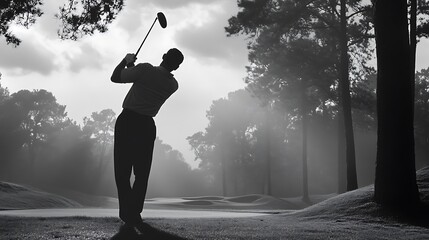 Silhouette of a Golfer Swinging a Club on a Foggy Golf Course