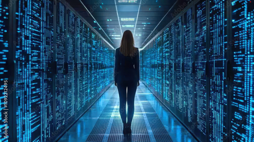 Poster data scientist analyzing massive data sets in a high-tech environment for insightful discoveries