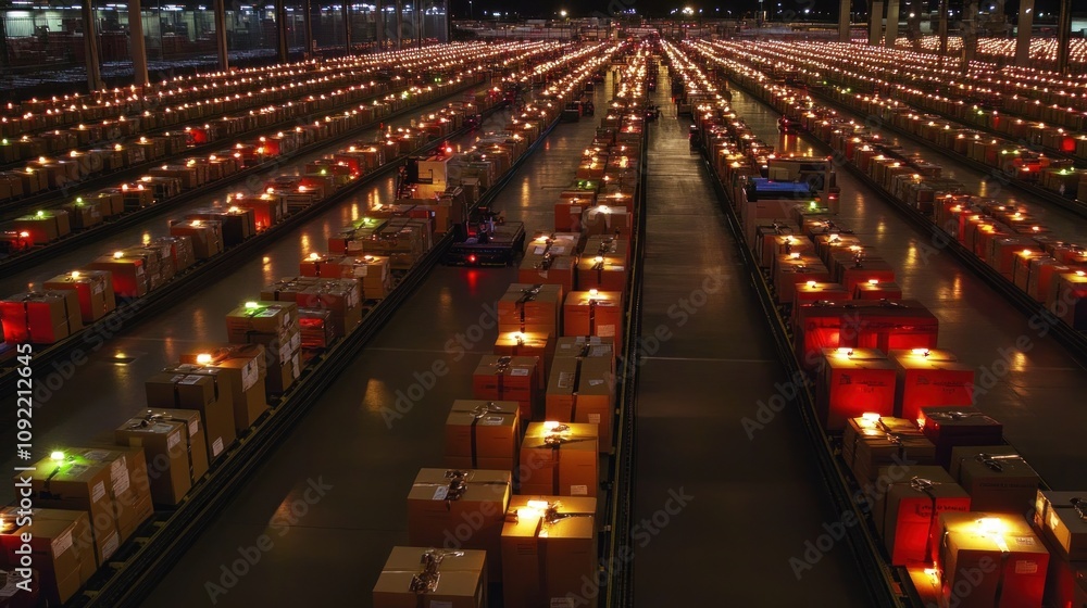 Poster Nighttime Warehouse Automated Package Sorting System
