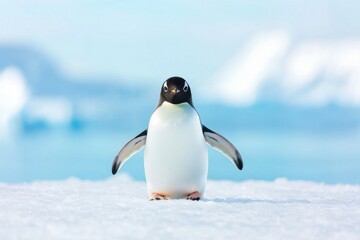 Obraz premium Adorable Penguin Standing on Ice in the Arctic with Blue Icebergs in Background, Capturing the Beauty of Wildlife in a Serene Environment
