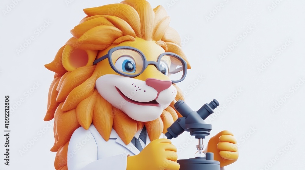 Aufkleber A cheerful lion character in a lab coat examines a microscope, blending science with fun.